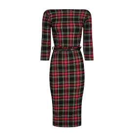 Red And Black Tartan 1/2 Sleeve Belted Bodycon Pencil Dress