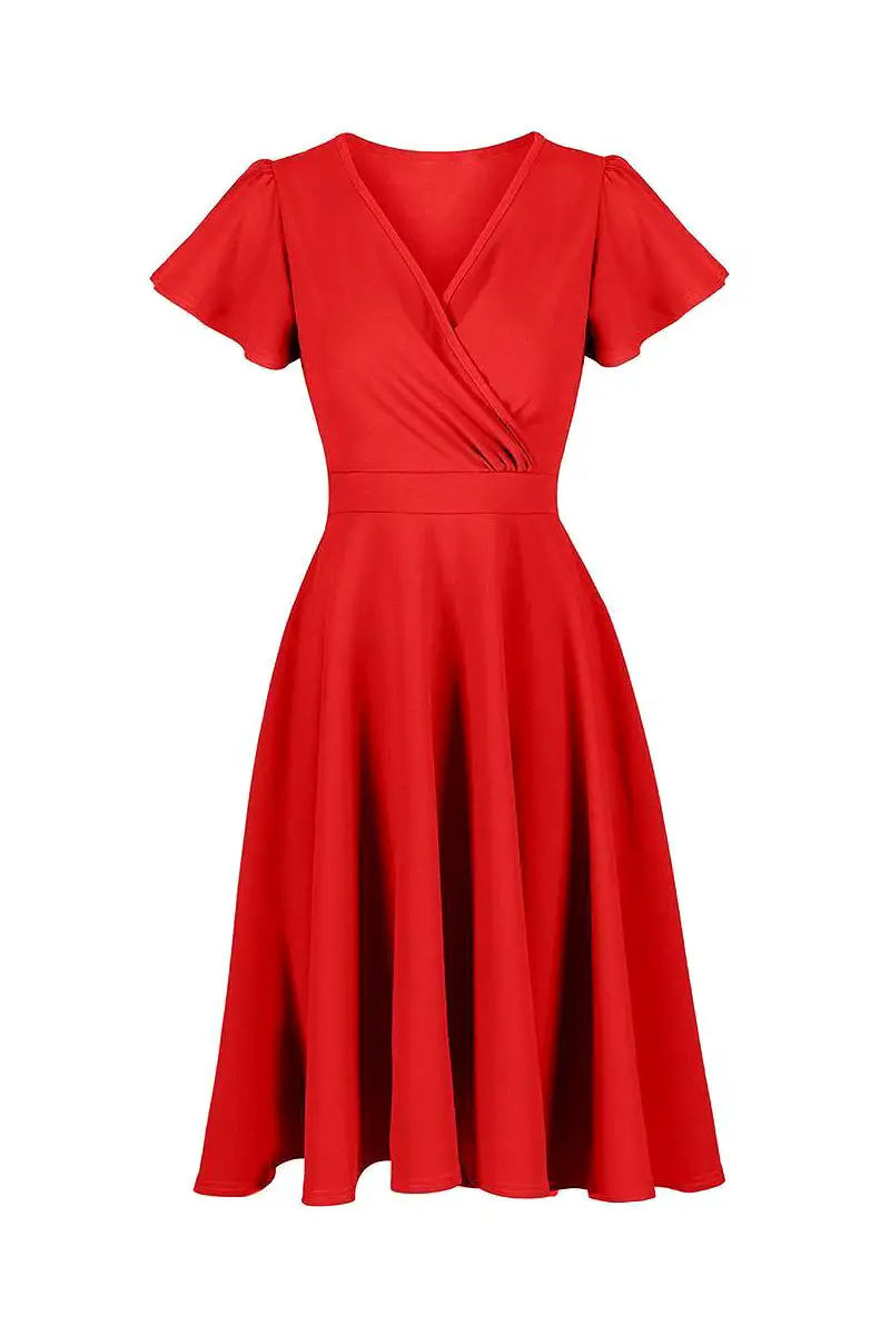 Red Gathered Cap Sleeve Crossover 50s Swing Dress