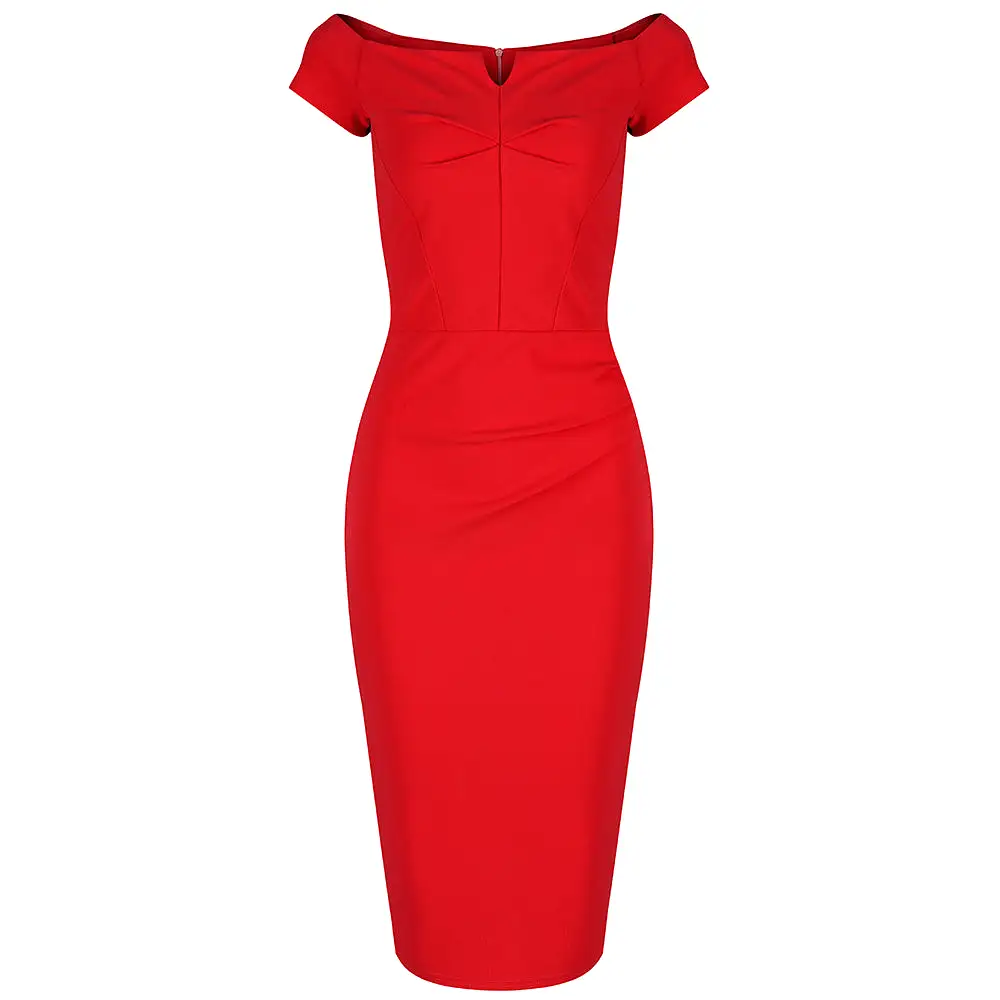 Red Notch Neck Cap Sleeve Bodycon Pencil Dress