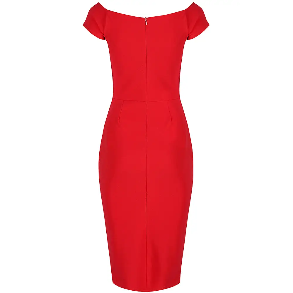 Red Notch Neck Cap Sleeve Bodycon Pencil Dress