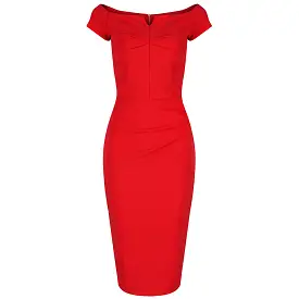 Red Notch Neck Cap Sleeve Bodycon Pencil Dress