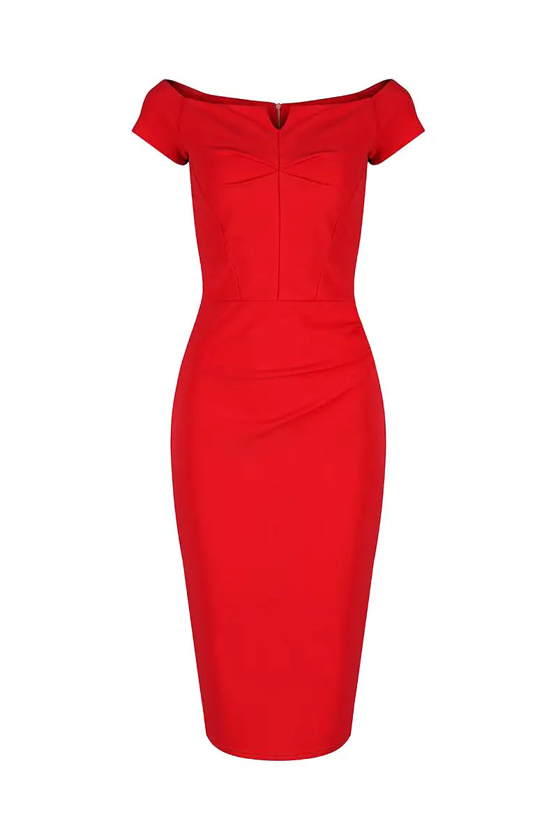 Red Notch Neck Cap Sleeve Bodycon Pencil Dress