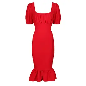 Red Puff Sleeve Square Neckline Ruched Peplum Wiggle Pencil Dress