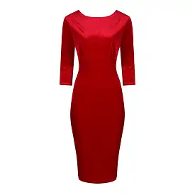 Red Velour Boatneck 3/4 Sleeve Bodycon Gathered Waist Wiggle Dress