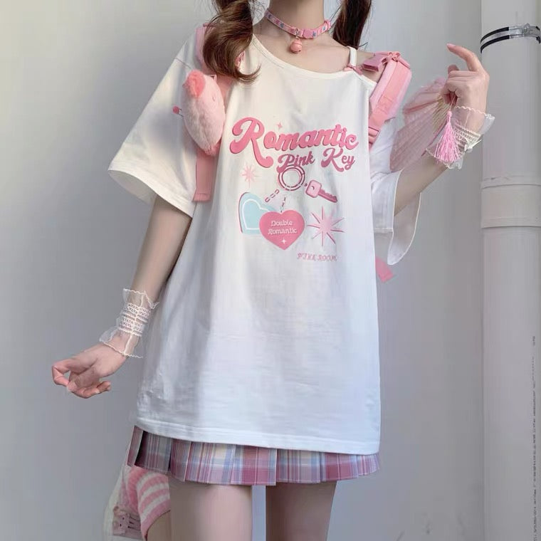 Romantic pink key off shoulder T-shirt