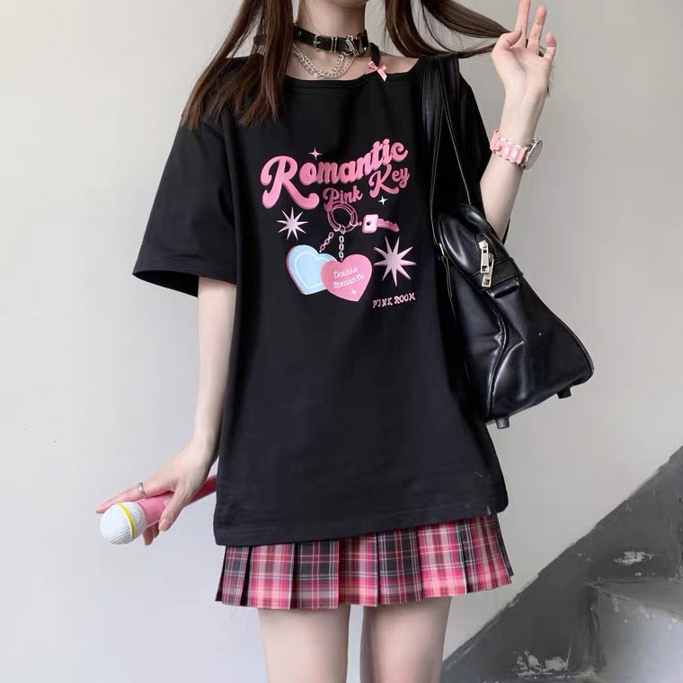 Romantic pink key off shoulder T-shirt