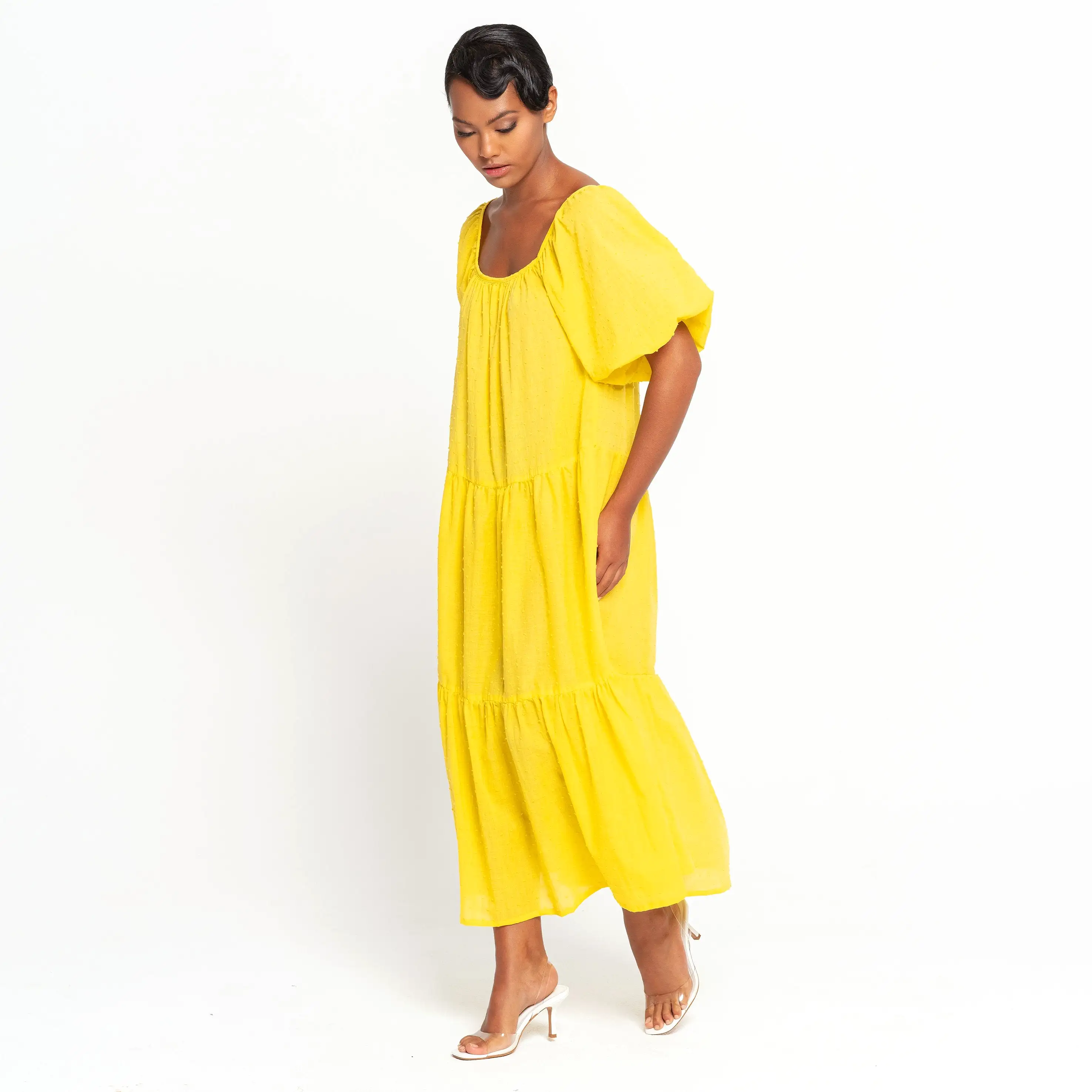 ROSEMARY Dotted Cotton Dress, in Sunflower Yellow