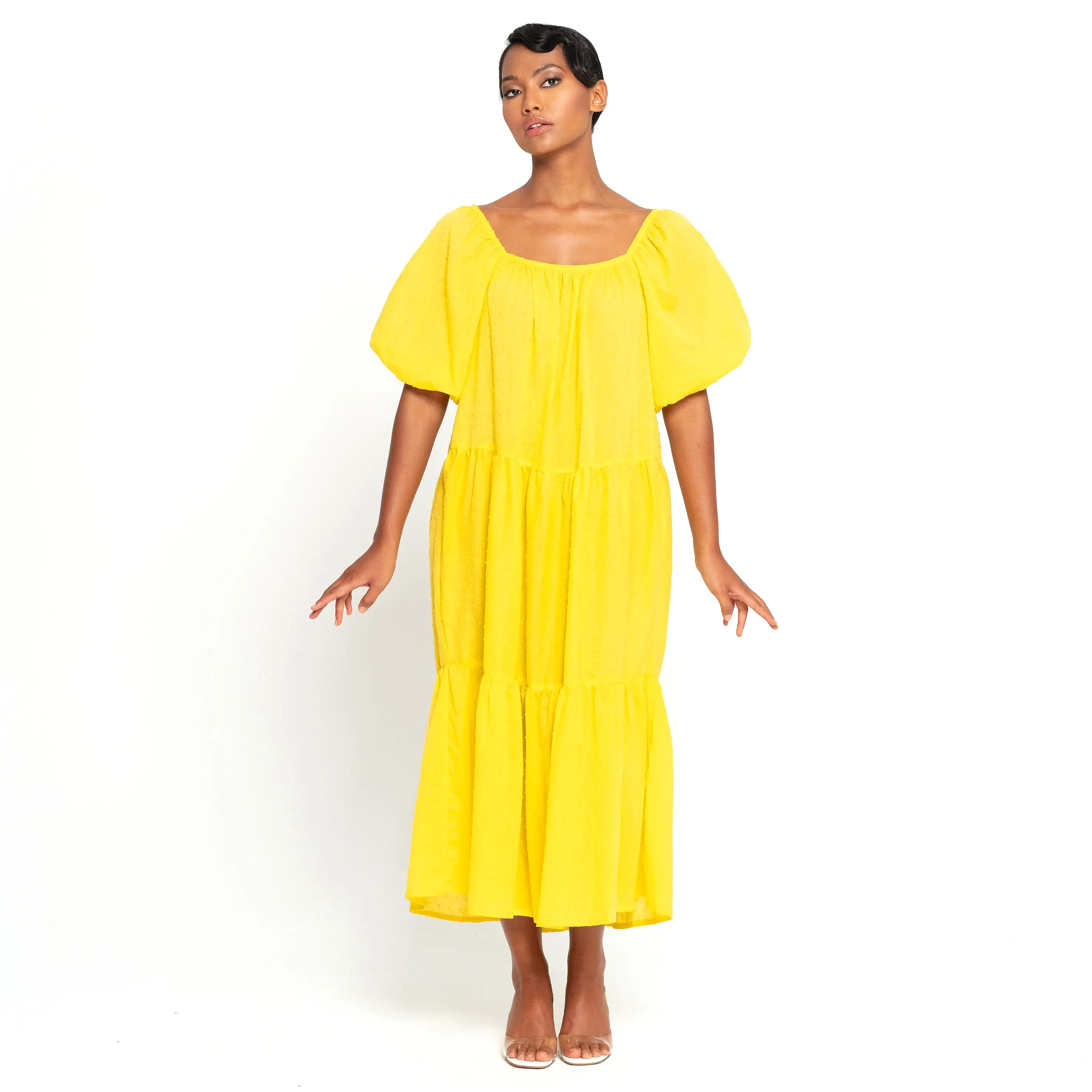 ROSEMARY Dotted Cotton Dress, in Sunflower Yellow