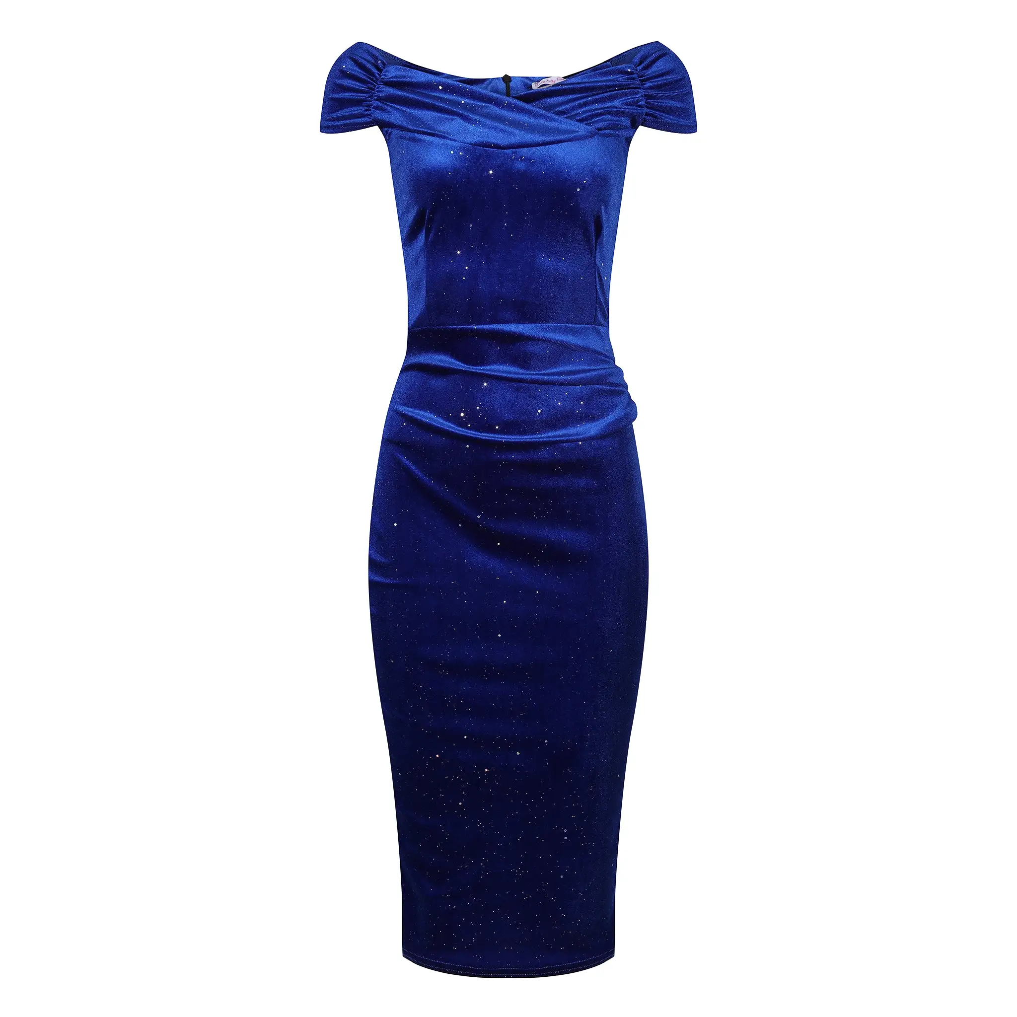 Royal Blue Velour Sparkle Cap Sleeve Crossover Top Bardot Wiggle Dress