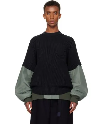 Sacai Navy & Khaki Nylon Twill Knit Sweater