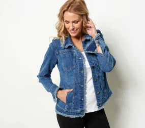 Susan Graver Stretch Denim Button-Front Frayed Jean Jacket