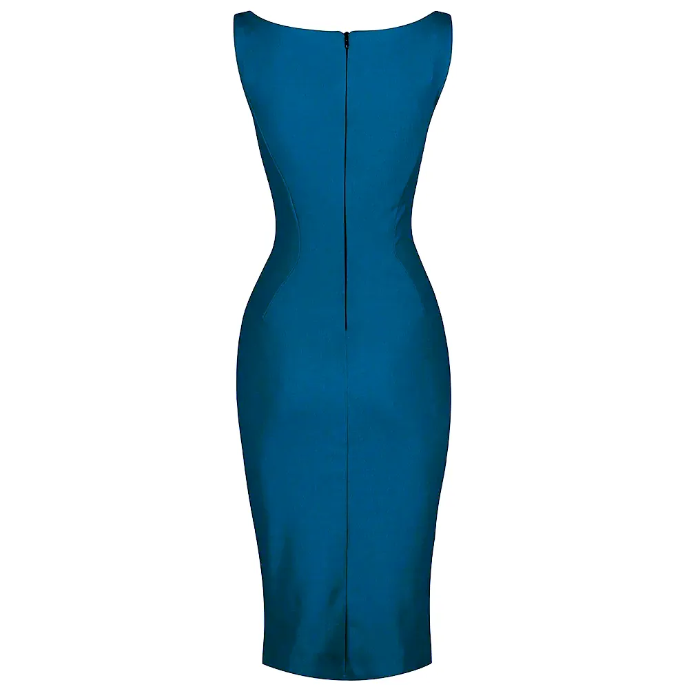 Teal Blue 40s Hollywood Style Sleeveless Bodycon Wiggle Dress