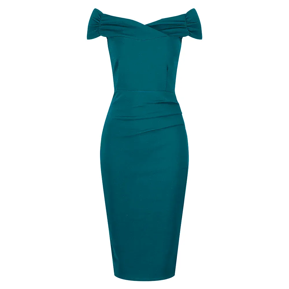 Teal Cap Sleeve Crossover Top Bardot Wiggle Dress