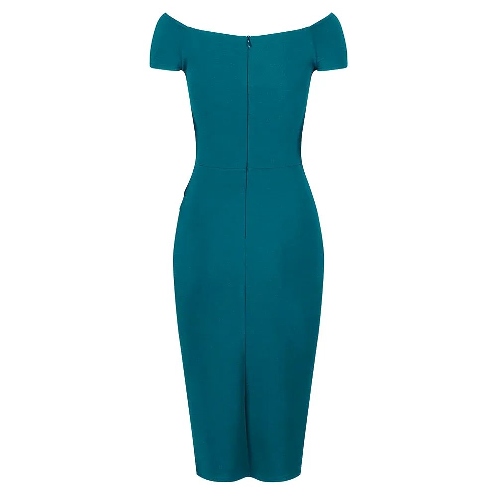 Teal Cap Sleeve Crossover Top Bardot Wiggle Dress