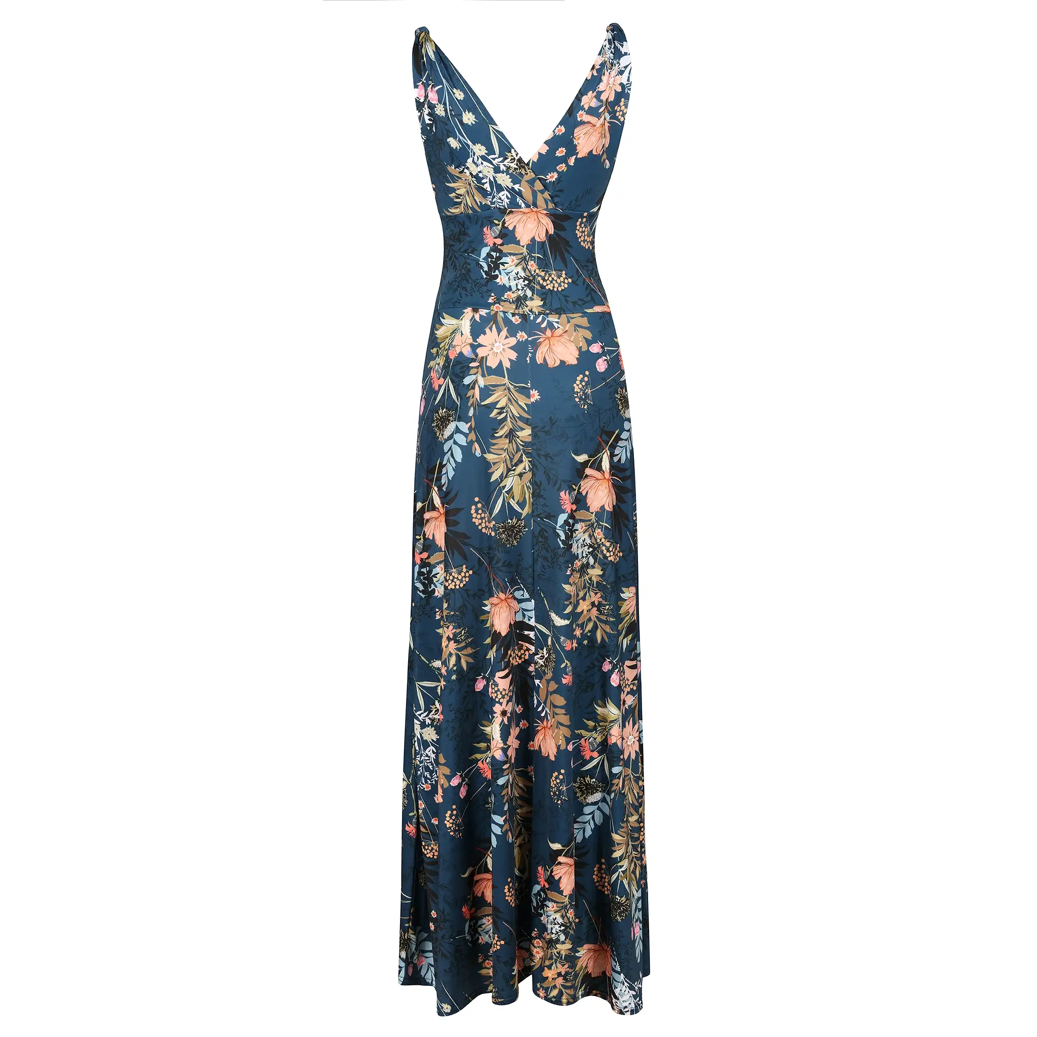 Teal Green Floral Print Slinky Summer Maxi Dress