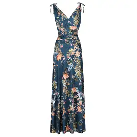 Teal Green Floral Print Slinky Summer Maxi Dress