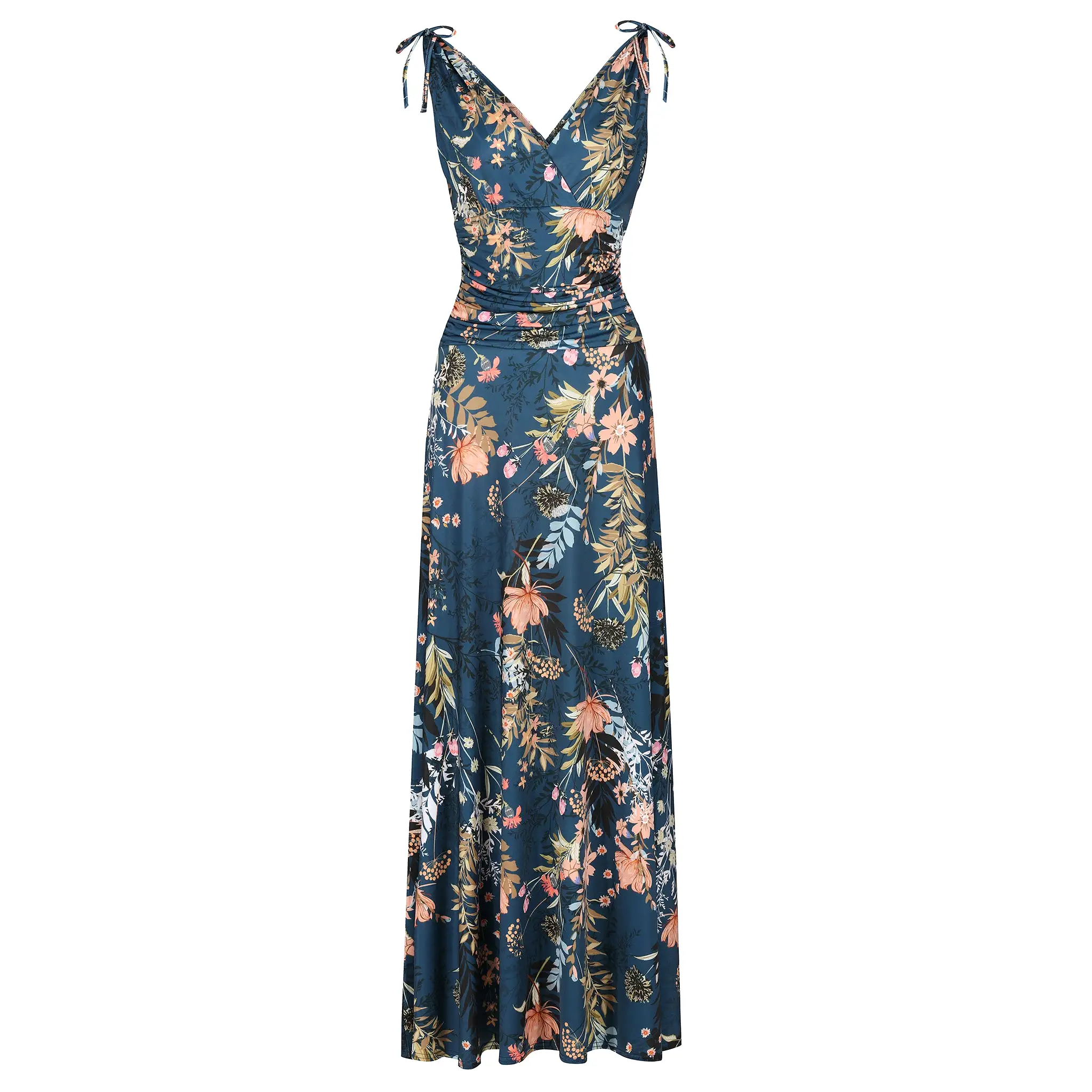 Teal Green Floral Print Slinky Summer Maxi Dress