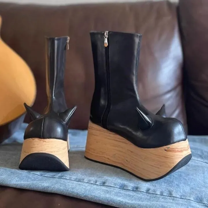 Unisex Synthetic Leather Wooden Platform Heel Cosplay Ankle Boots