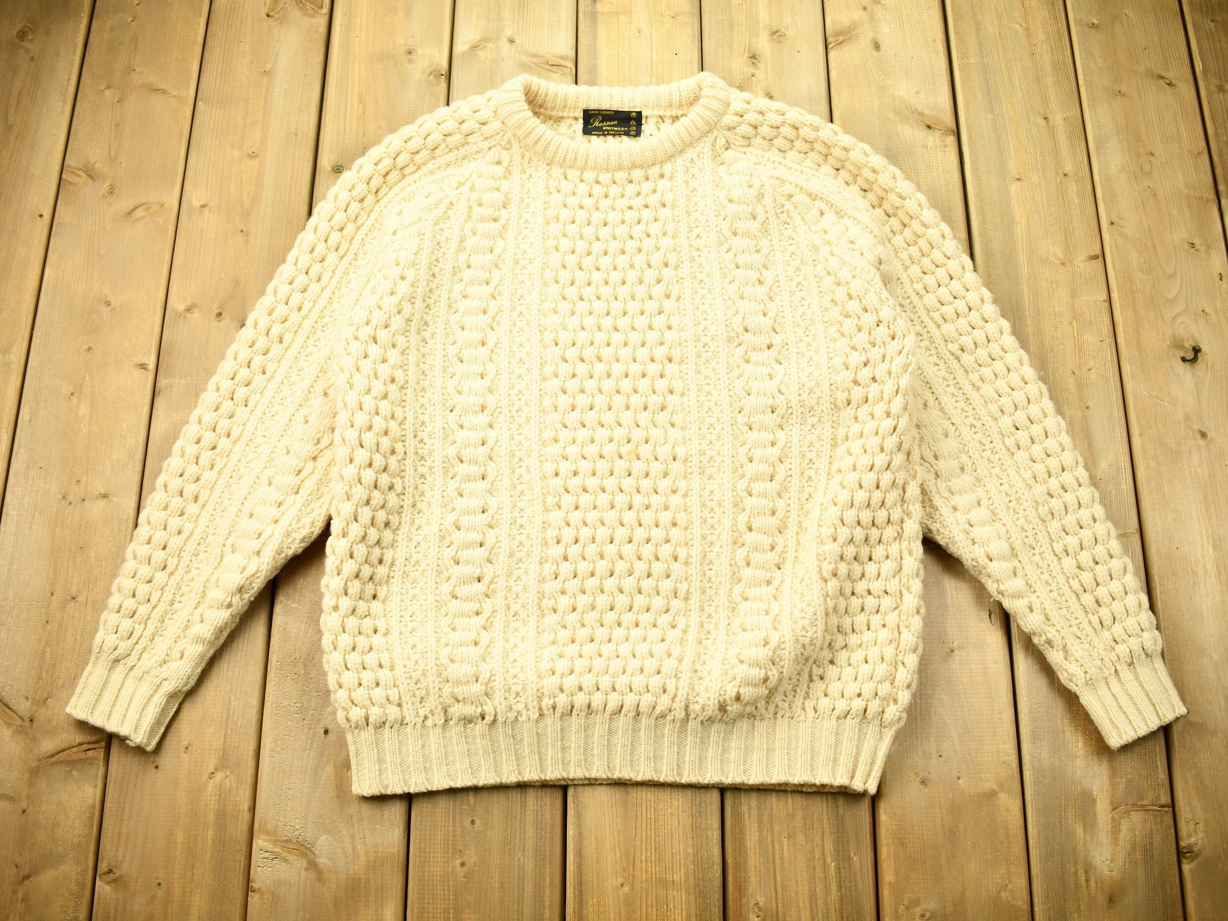 Vintage 1970s Rossan Knitwear 100% Wool 3D Cable Knit Sweater / Made In Ireland / True Vintage / Winter Sweater / Hand Loomed