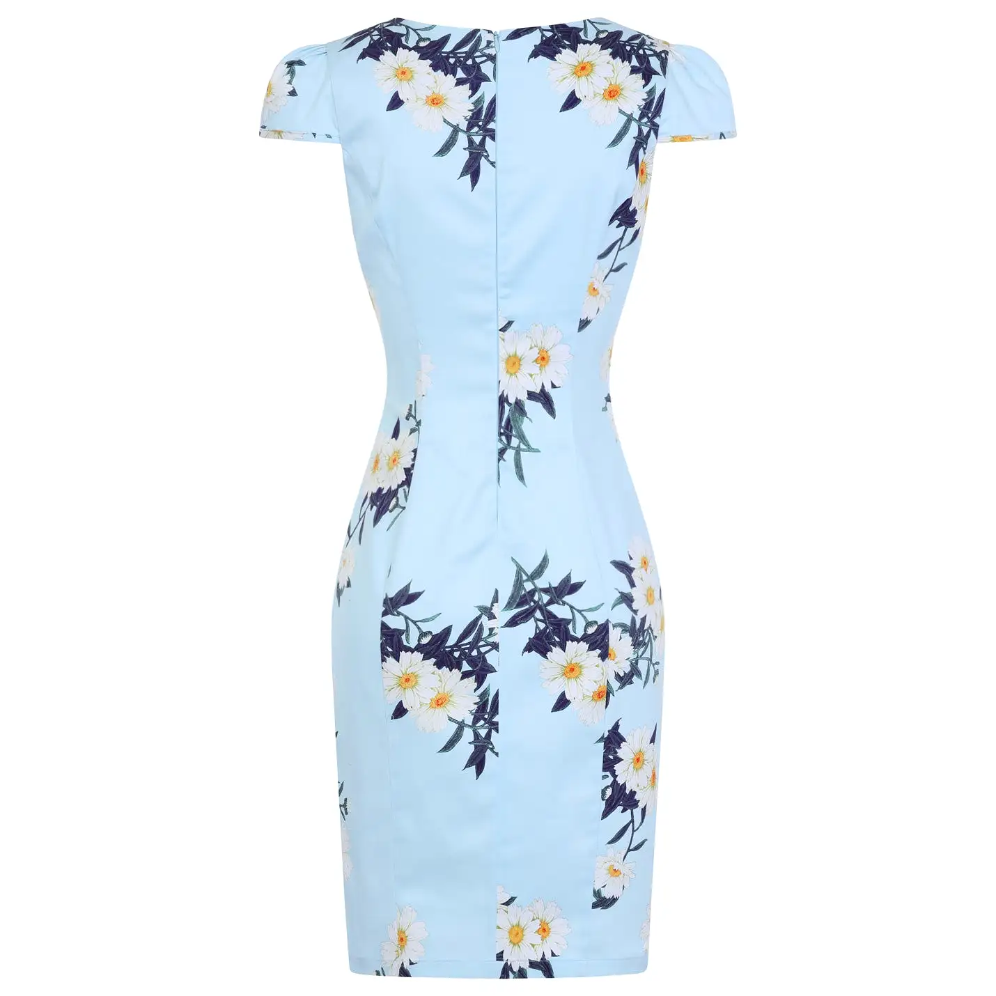 Vintage Sky Blue Daisy Print Capped Sleeve Wiggle Dress