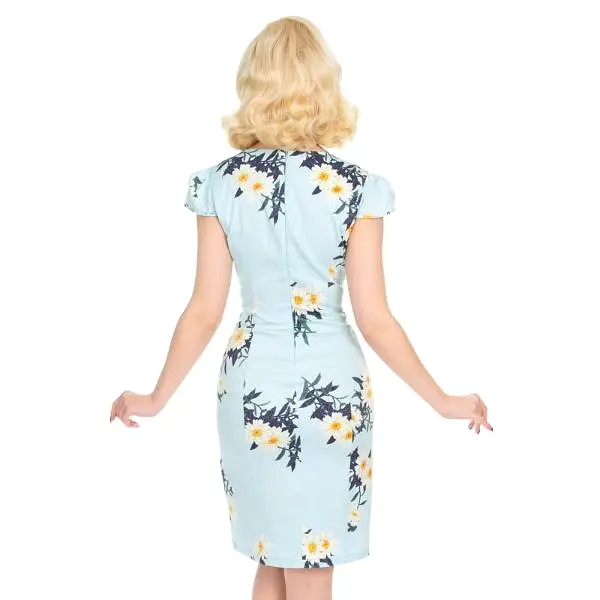 Vintage Sky Blue Daisy Print Capped Sleeve Wiggle Dress