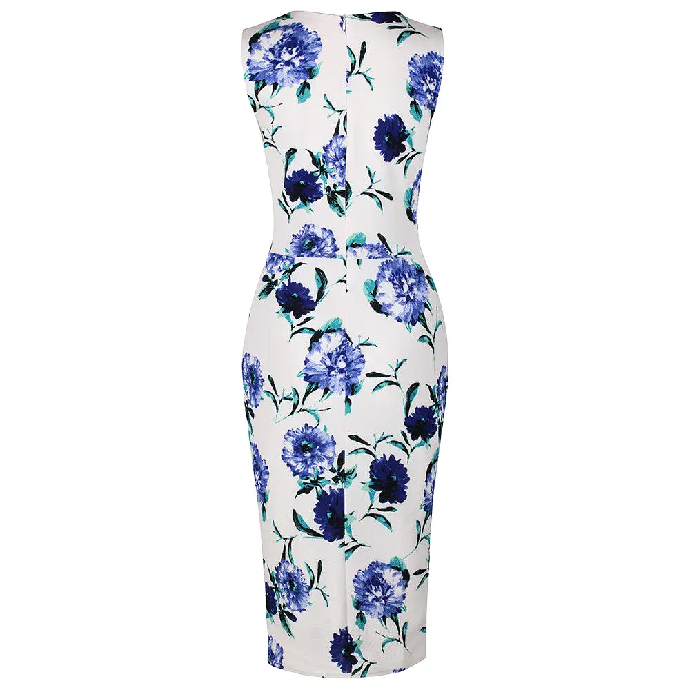 Vintage White and Blue Floral Print Bodycon Pencil Dress