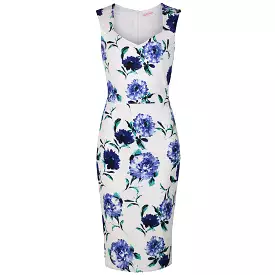 Vintage White and Blue Floral Print Bodycon Pencil Dress