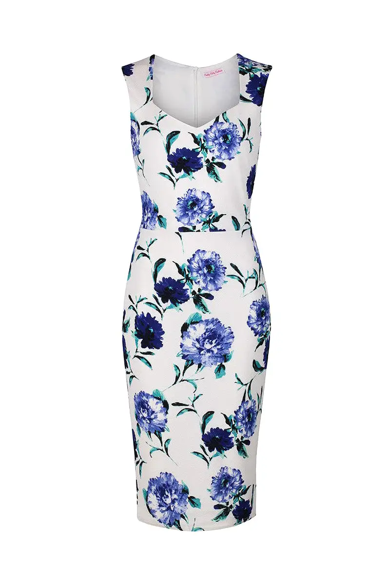 Vintage White and Blue Floral Print Bodycon Pencil Dress