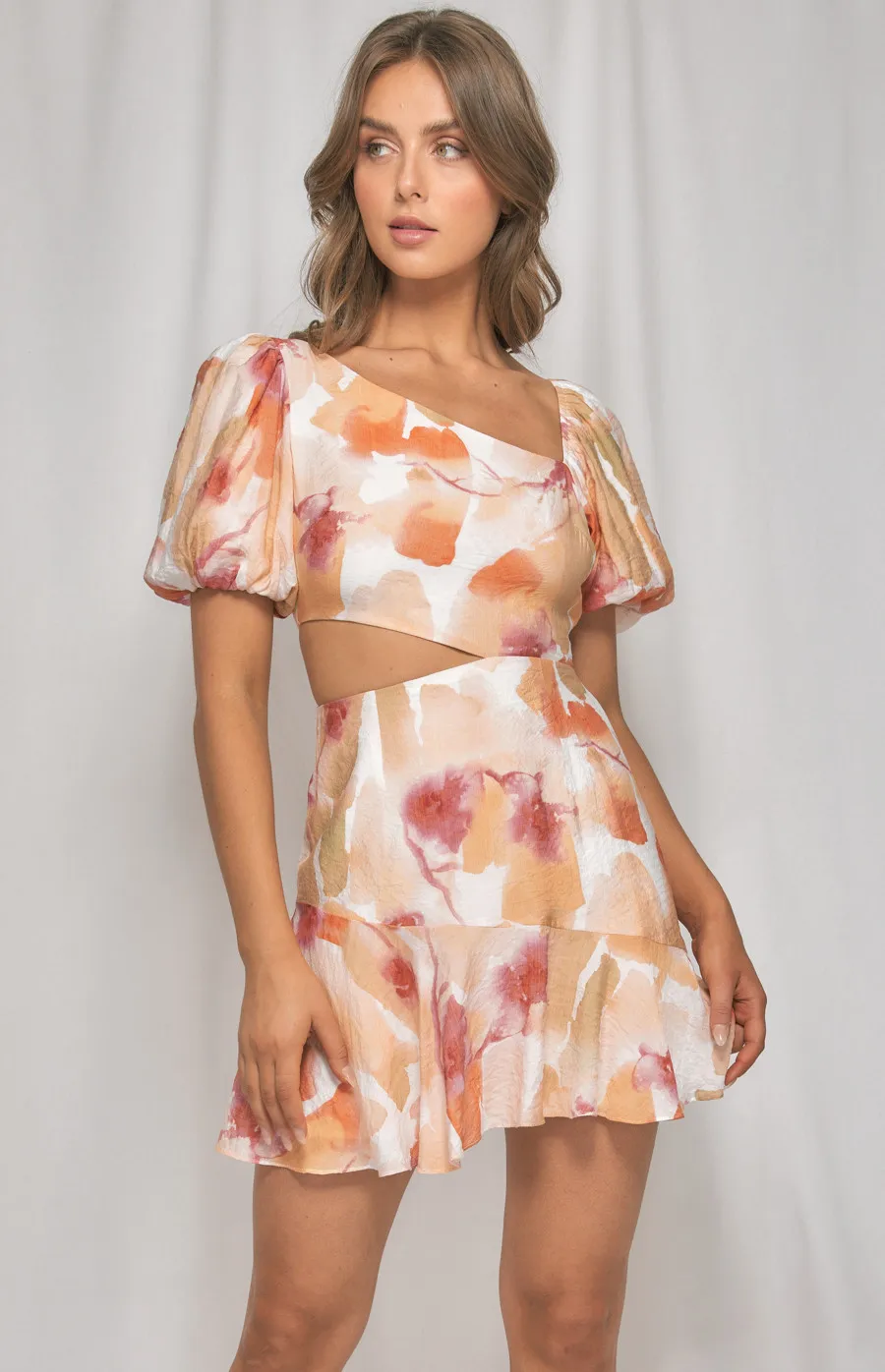 Watercolour Print Side Cut Out Detail Dress (WDR412A)