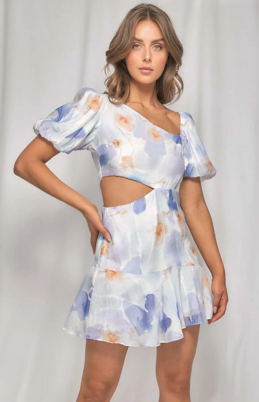 Watercolour Print Side Cut Out Detail Dress (WDR412A)