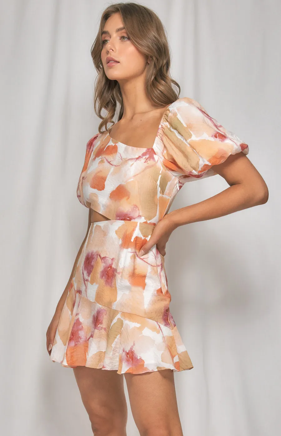 Watercolour Print Side Cut Out Detail Dress (WDR412A)