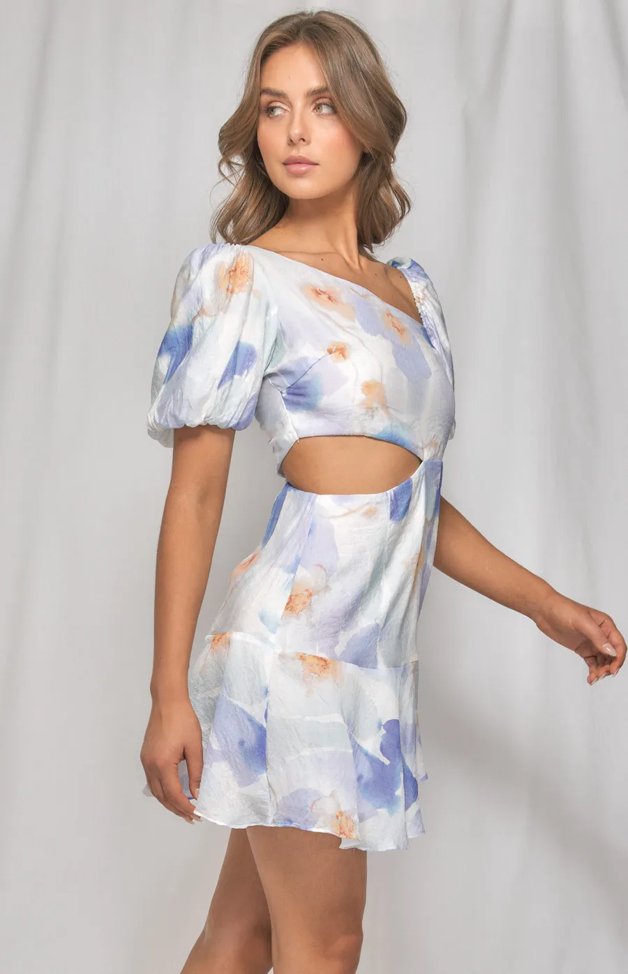 Watercolour Print Side Cut Out Detail Dress (WDR412A)