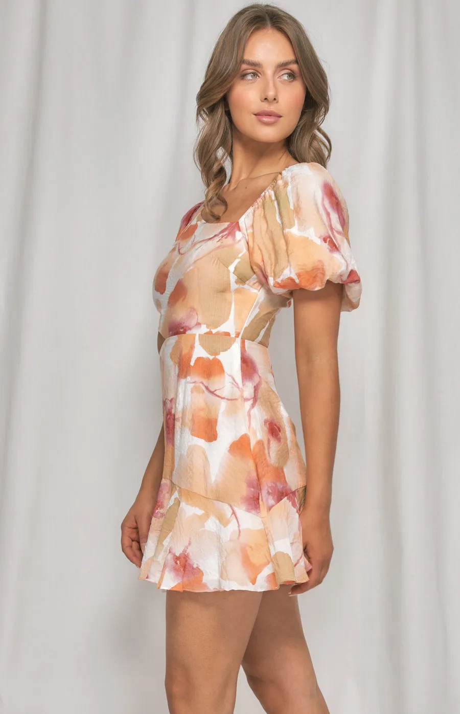 Watercolour Print Side Cut Out Detail Dress (WDR412A)