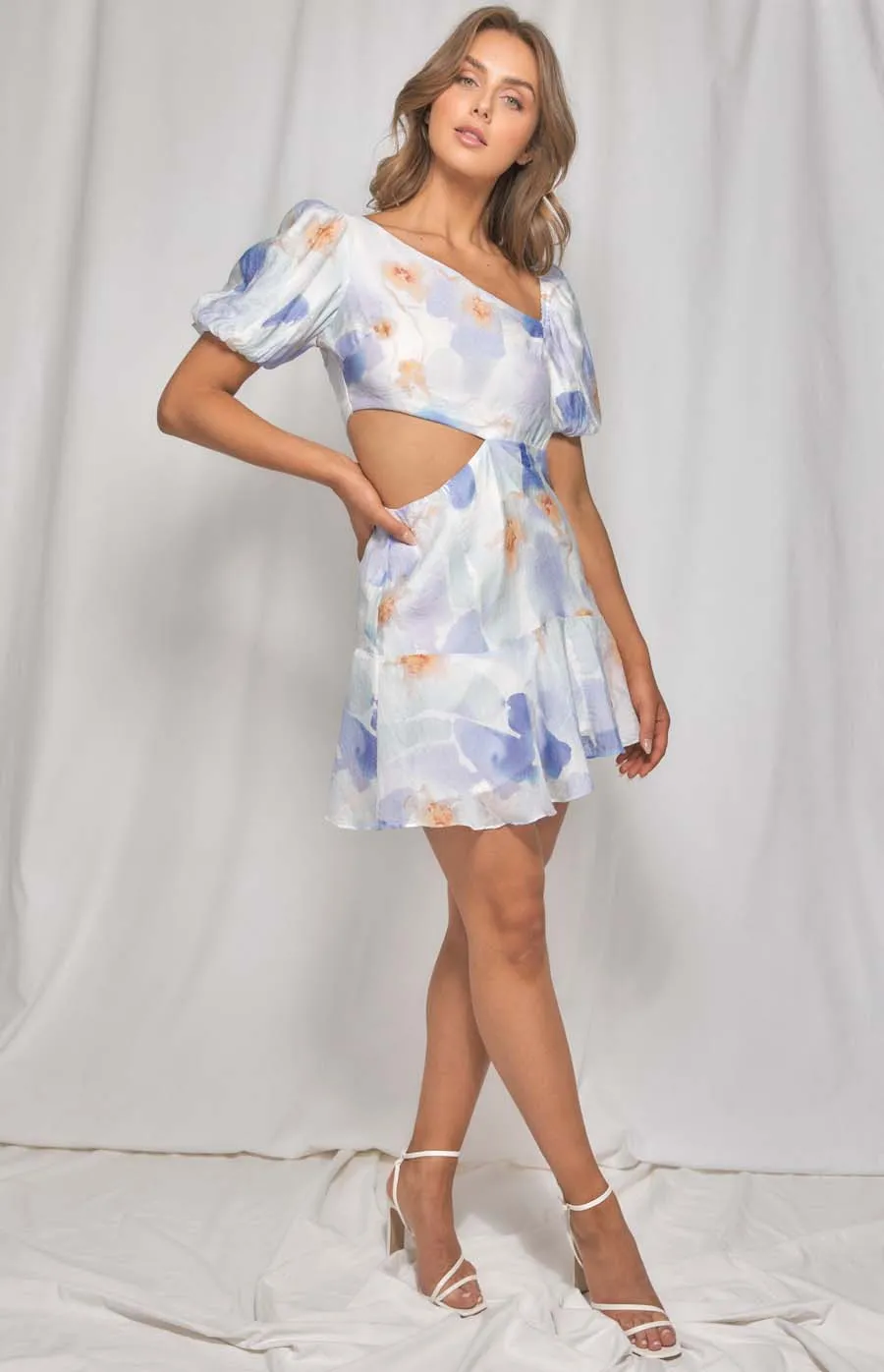 Watercolour Print Side Cut Out Detail Dress (WDR412A)