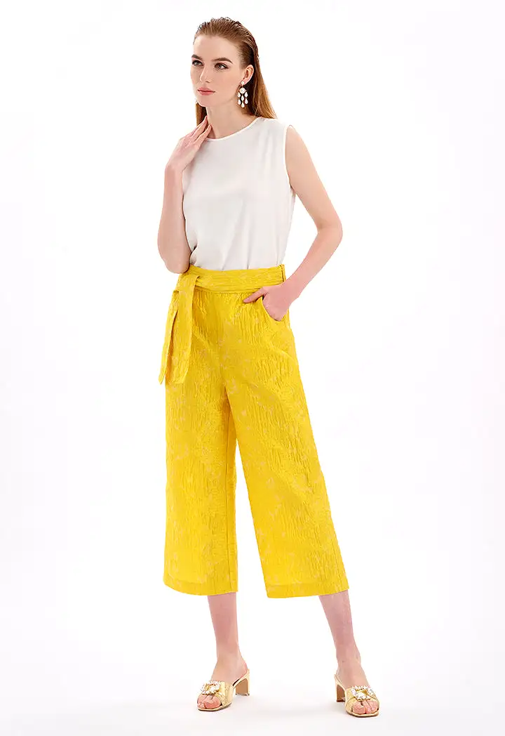 Wide Leg Jacquard Pants With Self-Fabric Belt