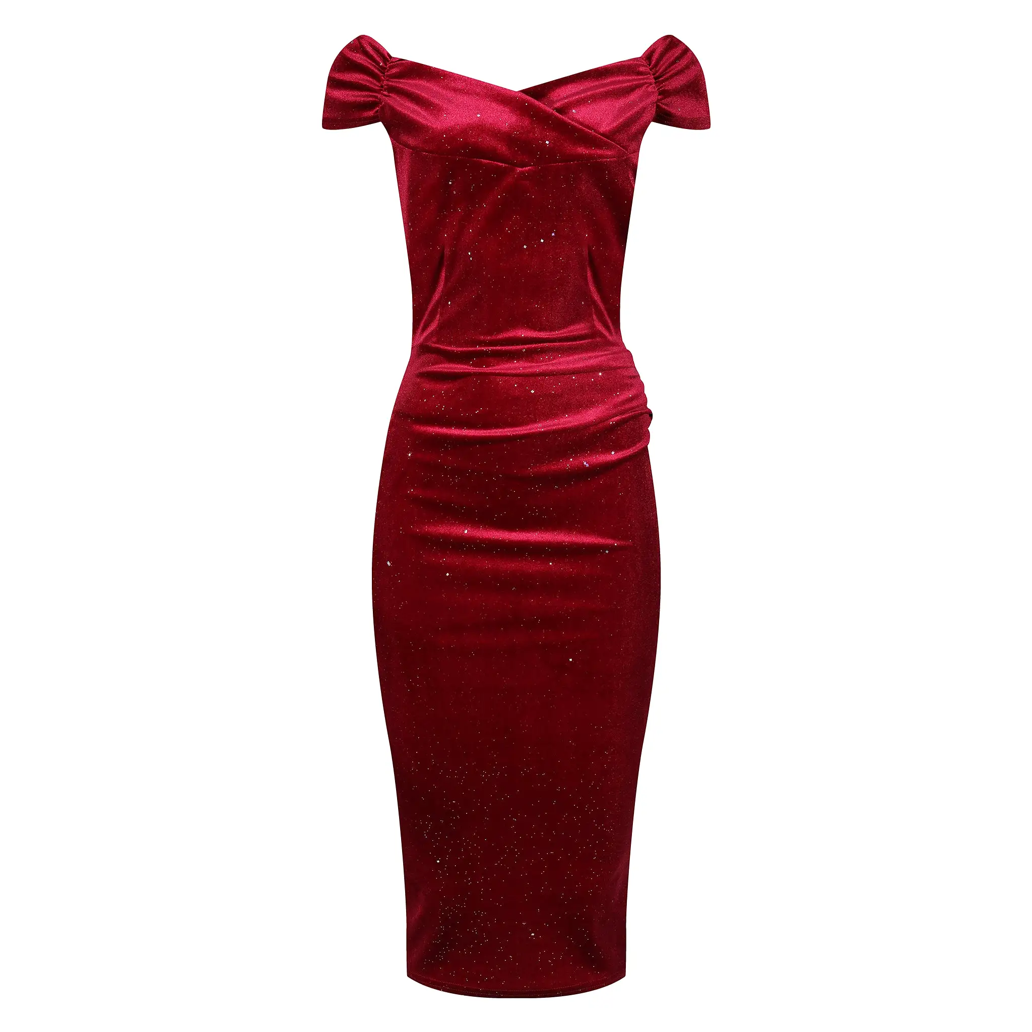 Wine Red Velour Sparkle Cap Sleeve Crossover Top Bardot Wiggle Dress