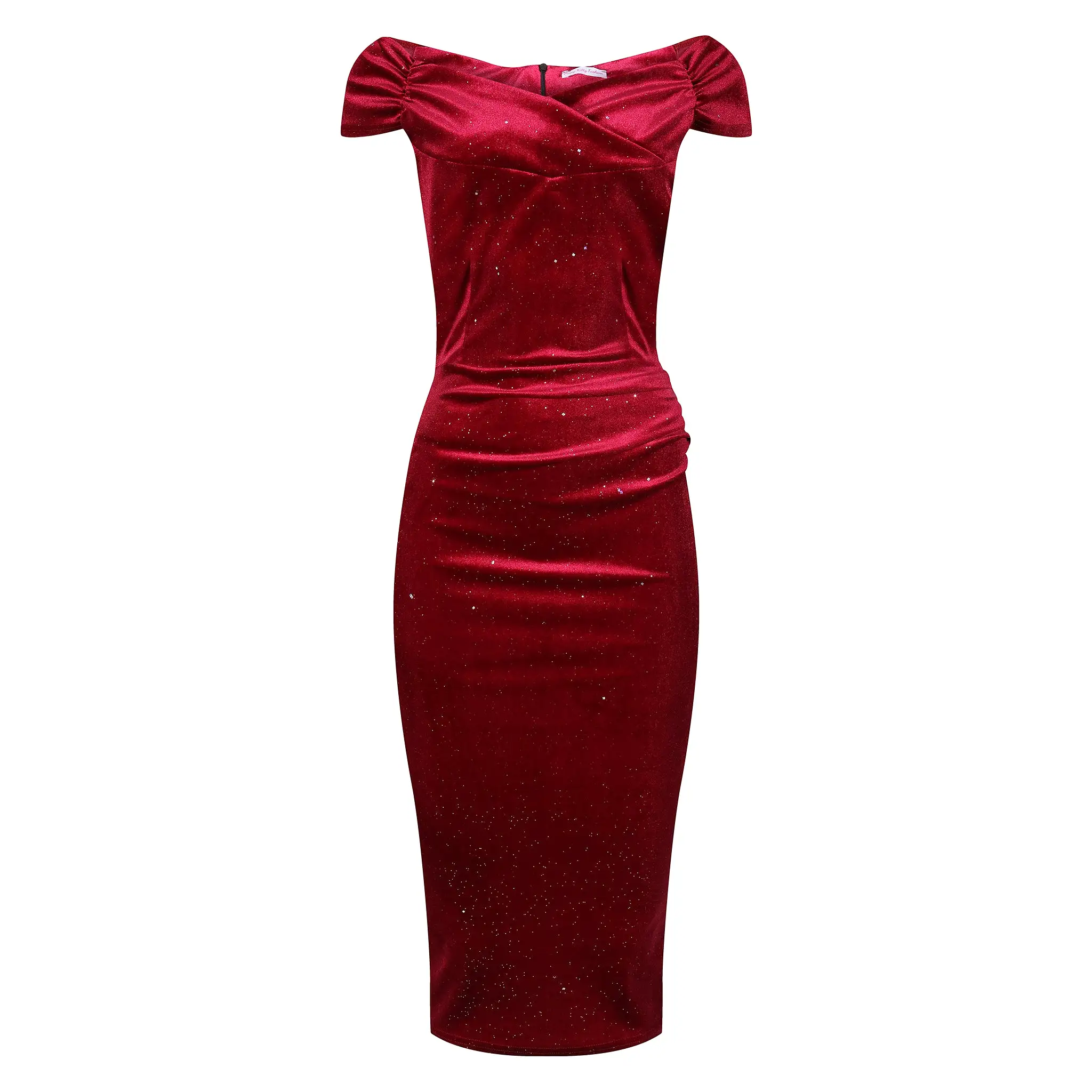 Wine Red Velour Sparkle Cap Sleeve Crossover Top Bardot Wiggle Dress