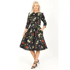 Winter Floral Print 3/4 Sleeve Belted 50s Swing Dress With Pockets