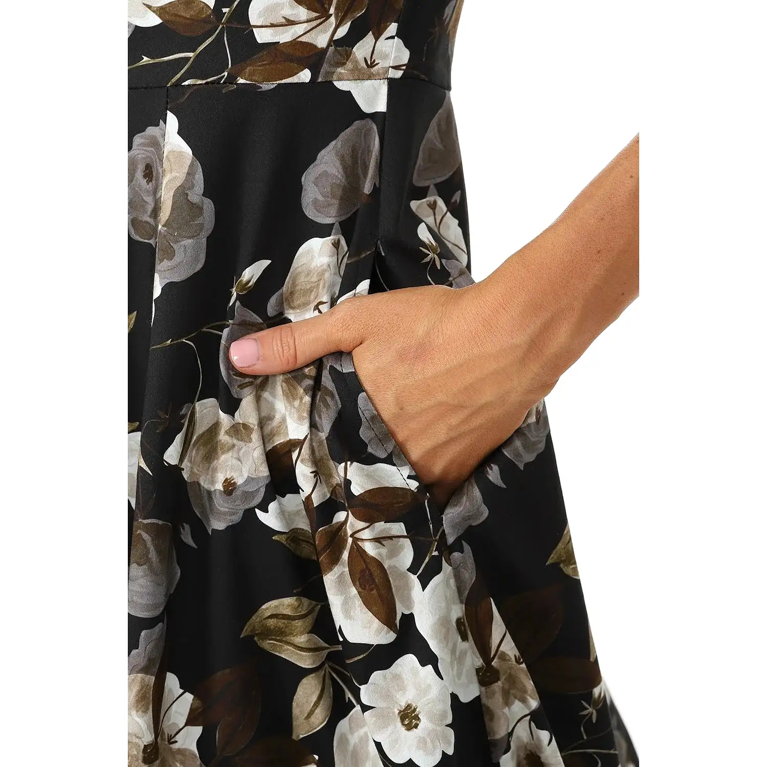 Winter Floral Print 3/4 Sleeve Belted 50s Swing Dress With Pockets