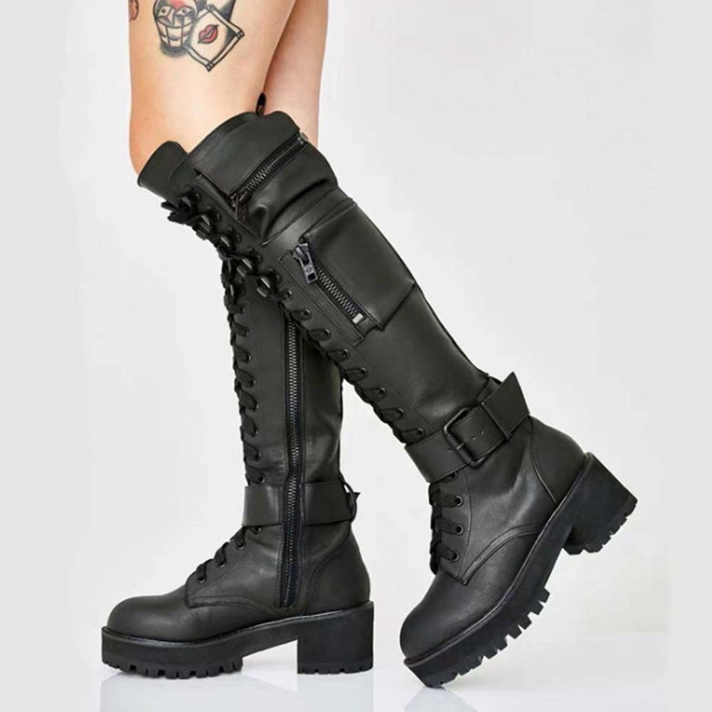 Women's Casual Lace-up Pocket Square Heel Mid-Calf Combat Boots