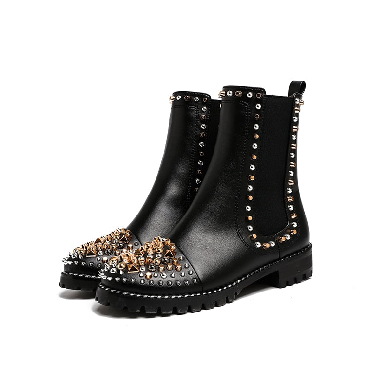 Women's Round Toe Med Square Heel Pay Link Motorcycle Rivet Boots