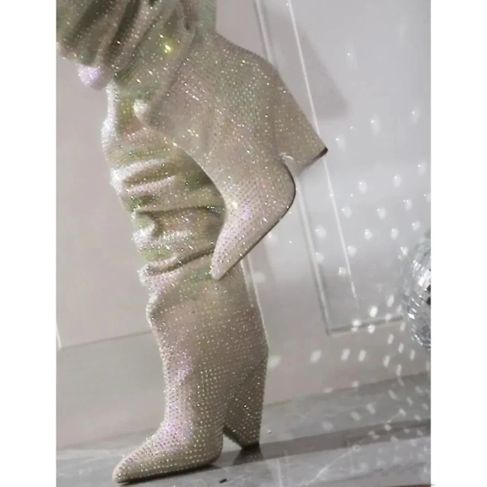 Women's White Sparkly Crystals Pointy Toe High Heel Knee High Boots