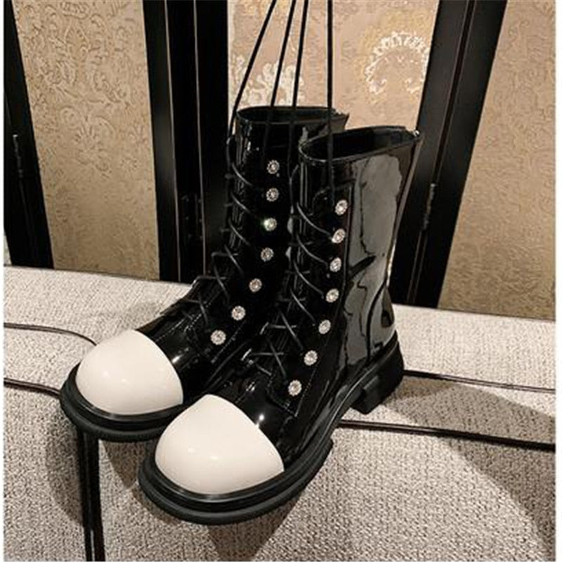 Women's Winter Concise Round Toe Cross Tied Motorcycle Ankle Boots