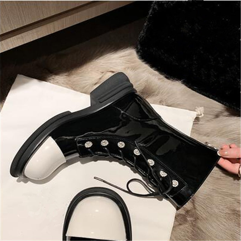 Women's Winter Concise Round Toe Cross Tied Motorcycle Ankle Boots